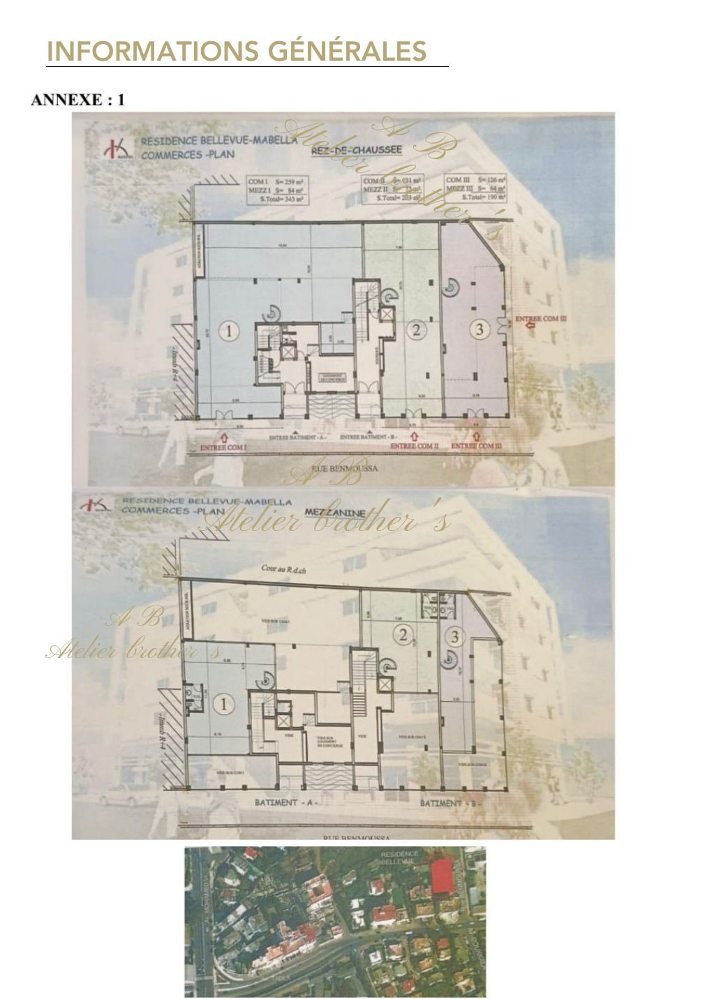 Plans RDC et mezzanine des trois locaux, Rue Benmoussa