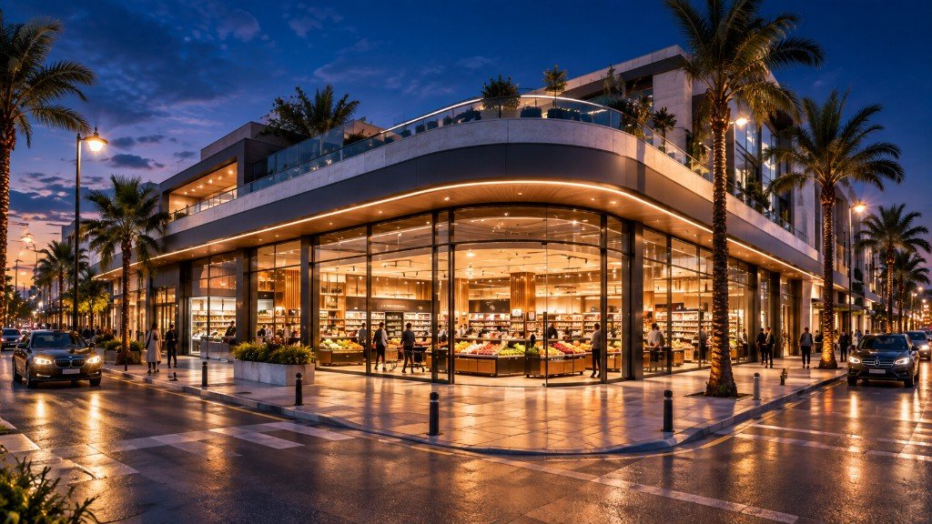 Façade commerciale d’angle, vitrine illuminée — emplacement retail premium au Maroc